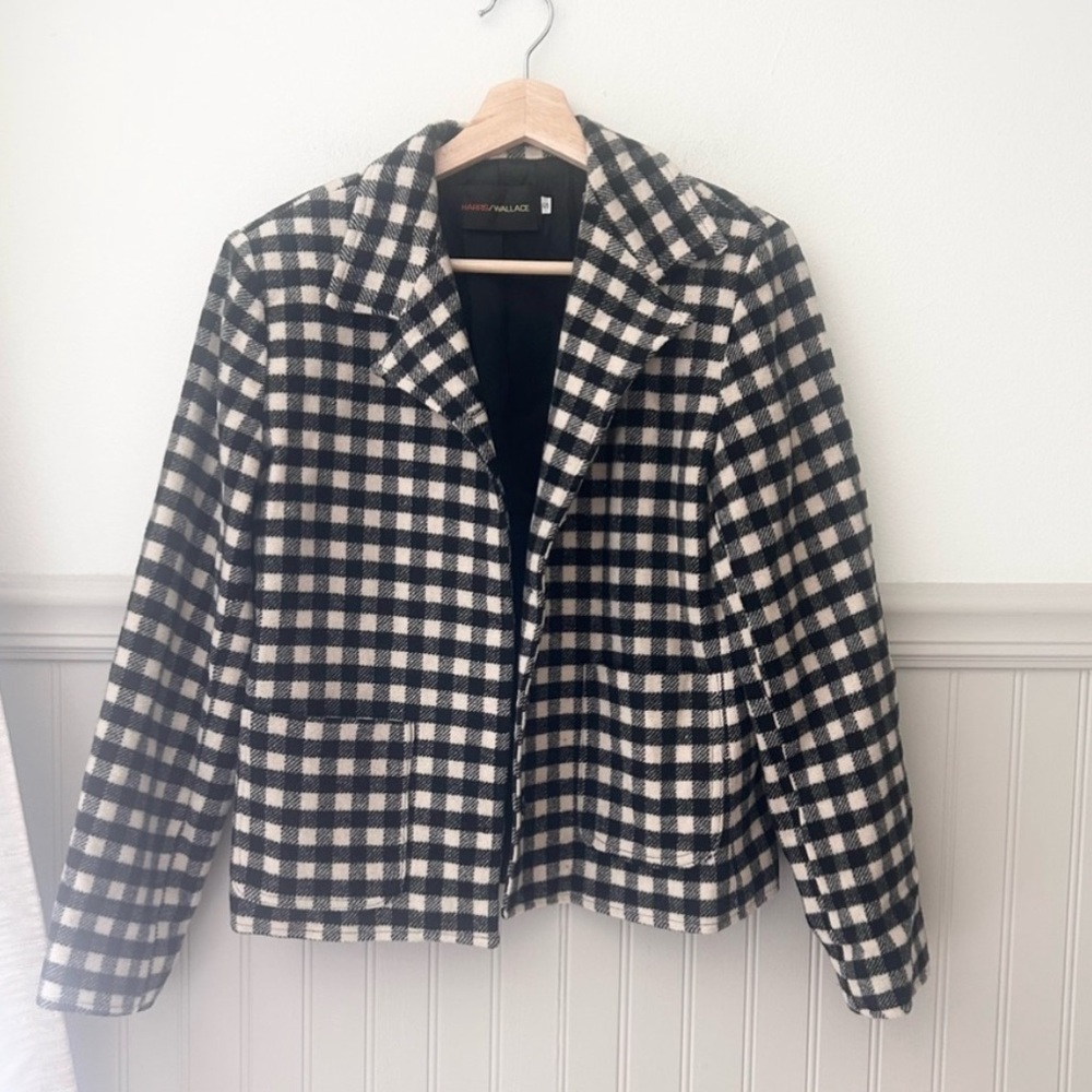Vintage Harris Wallace Wool Blend Stylish Checkered Blazer in Black Cream Small